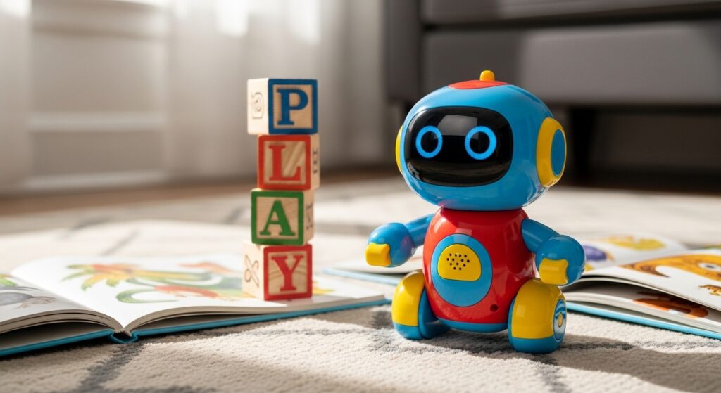 AI toy placed beside traditional toys in a family living room