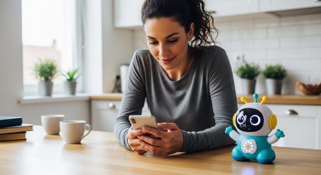 Mom checking privacy settings before letting her child use a smart toy