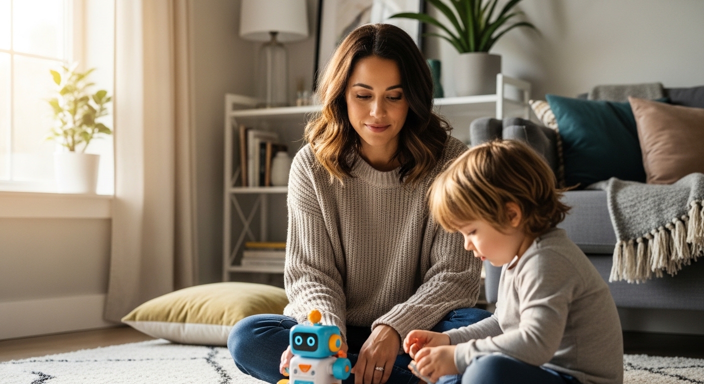 Mom watching her child play with an AI toy at home