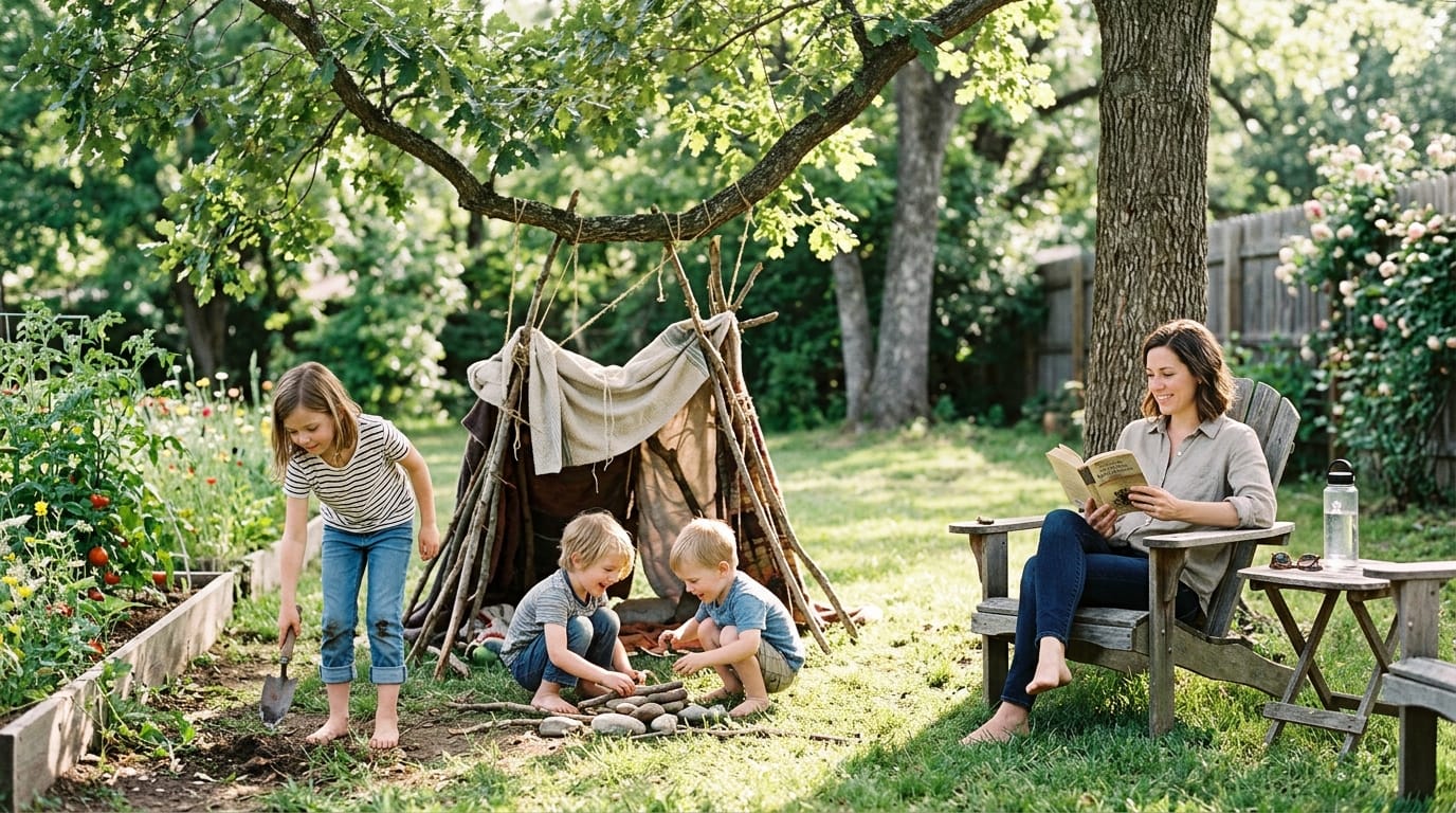 Children enjoying unstructured outdoor play as part of slow parenting