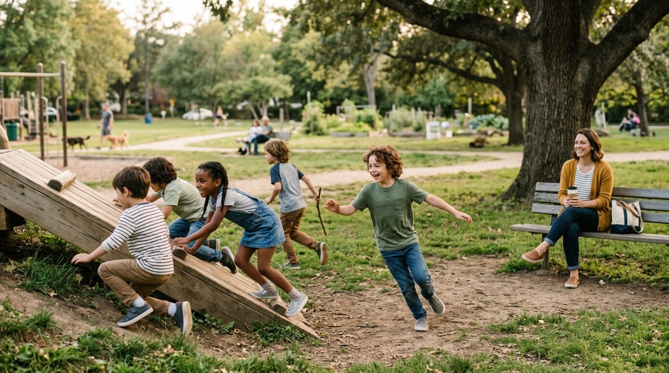 Children enjoying unstructured play outdoors while their mom watches nearby