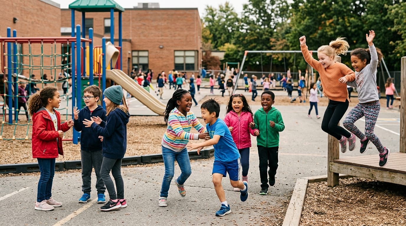 Children playing freely during school recess on a playground