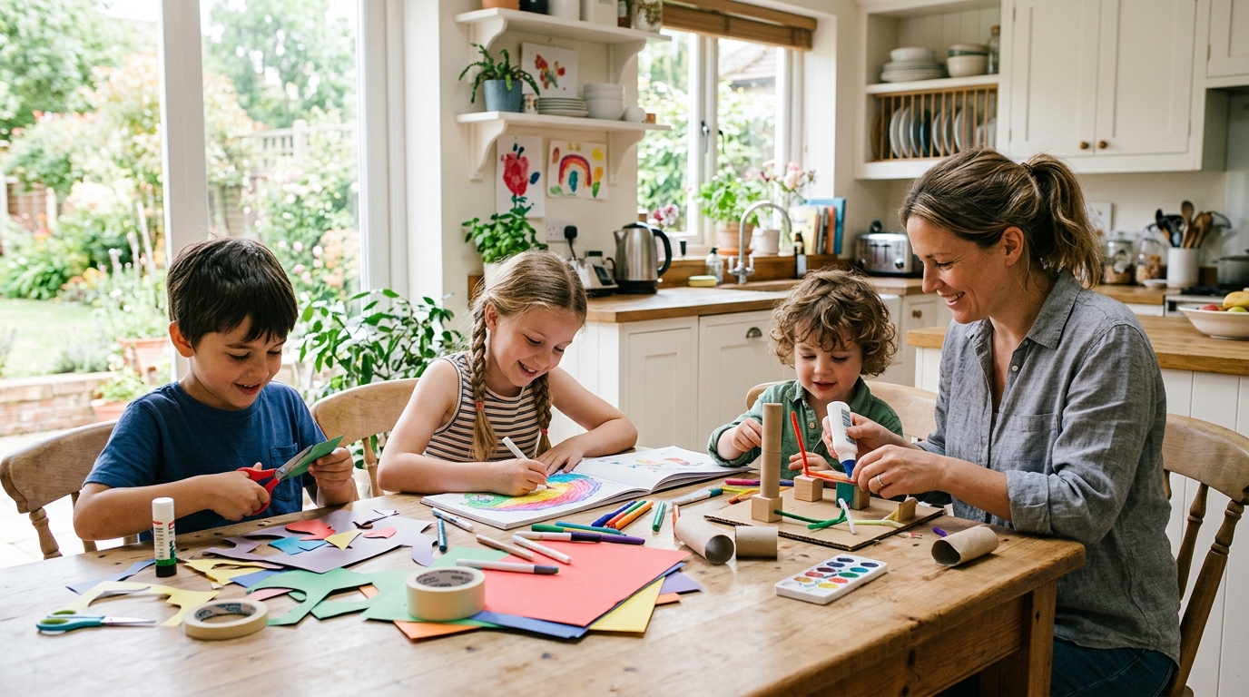 Kids doing creative screen-free crafts at home with mom