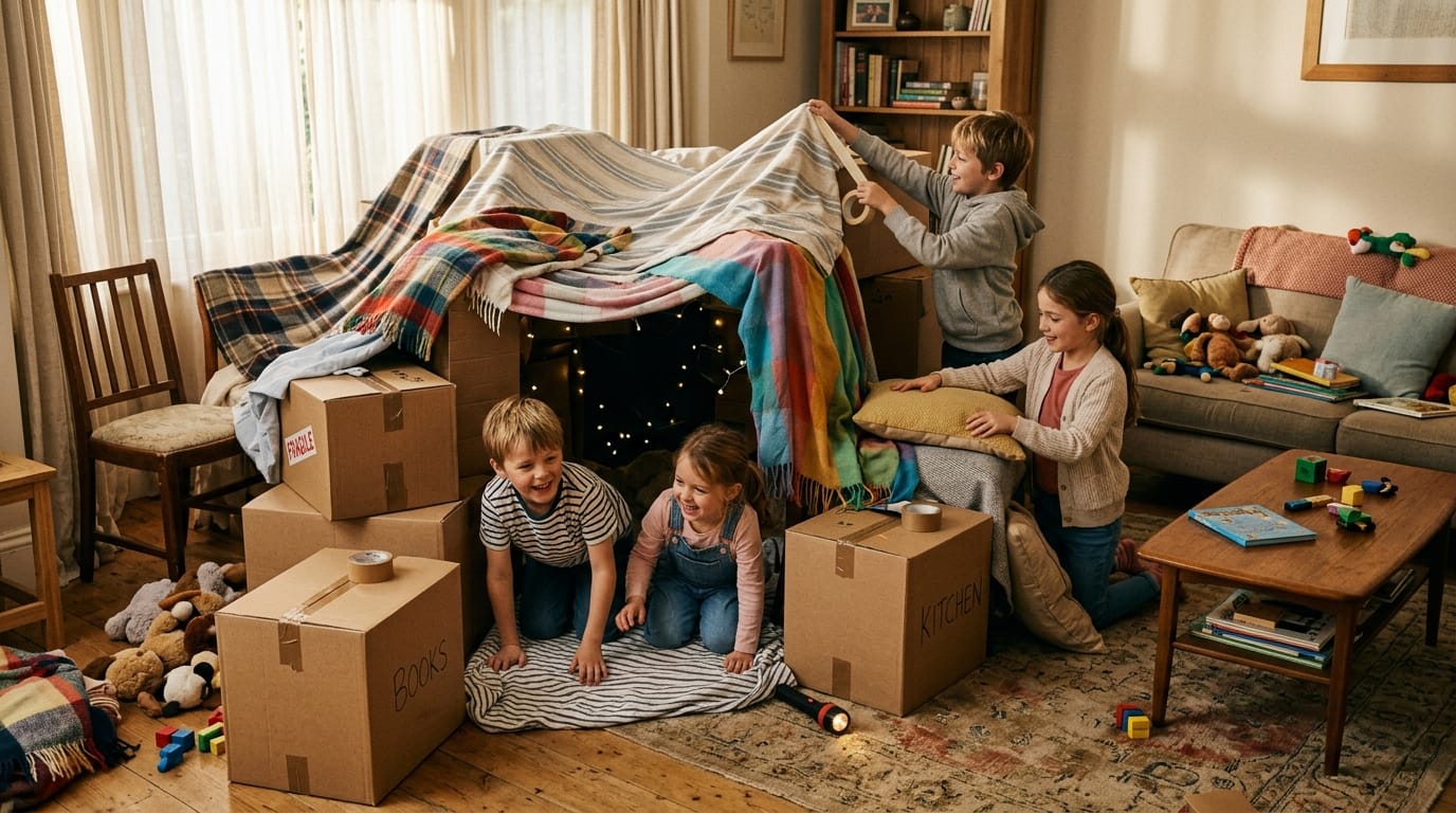 Kids using simple household items for creative unstructured play at home