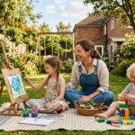 Mom and children enjoying screen-free activities for kids outdoors