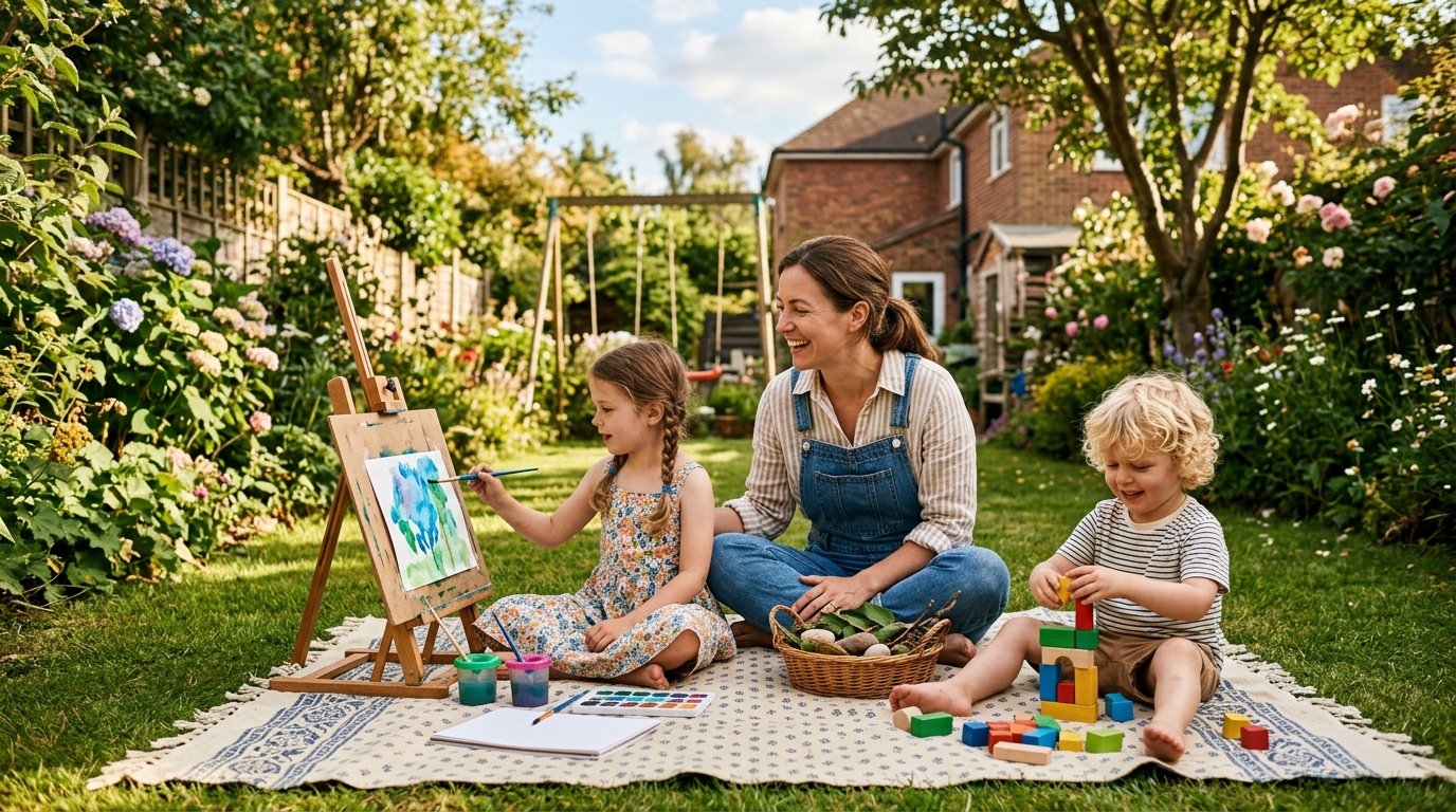 Mom and children enjoying screen-free activities for kids outdoors
