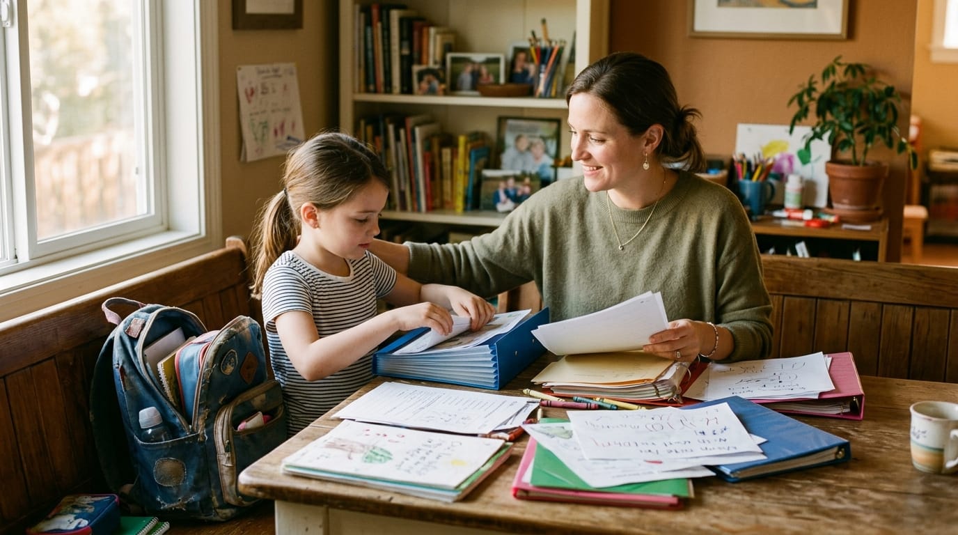 Mom helping child organize school papers during the stressful end of the school year