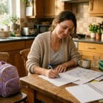 Mom managing end-of-school-year burnout with school calendar and family tasks at the kitchen table