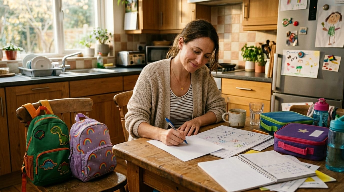 Mom managing end-of-school-year burnout with school calendar and family tasks at the kitchen table