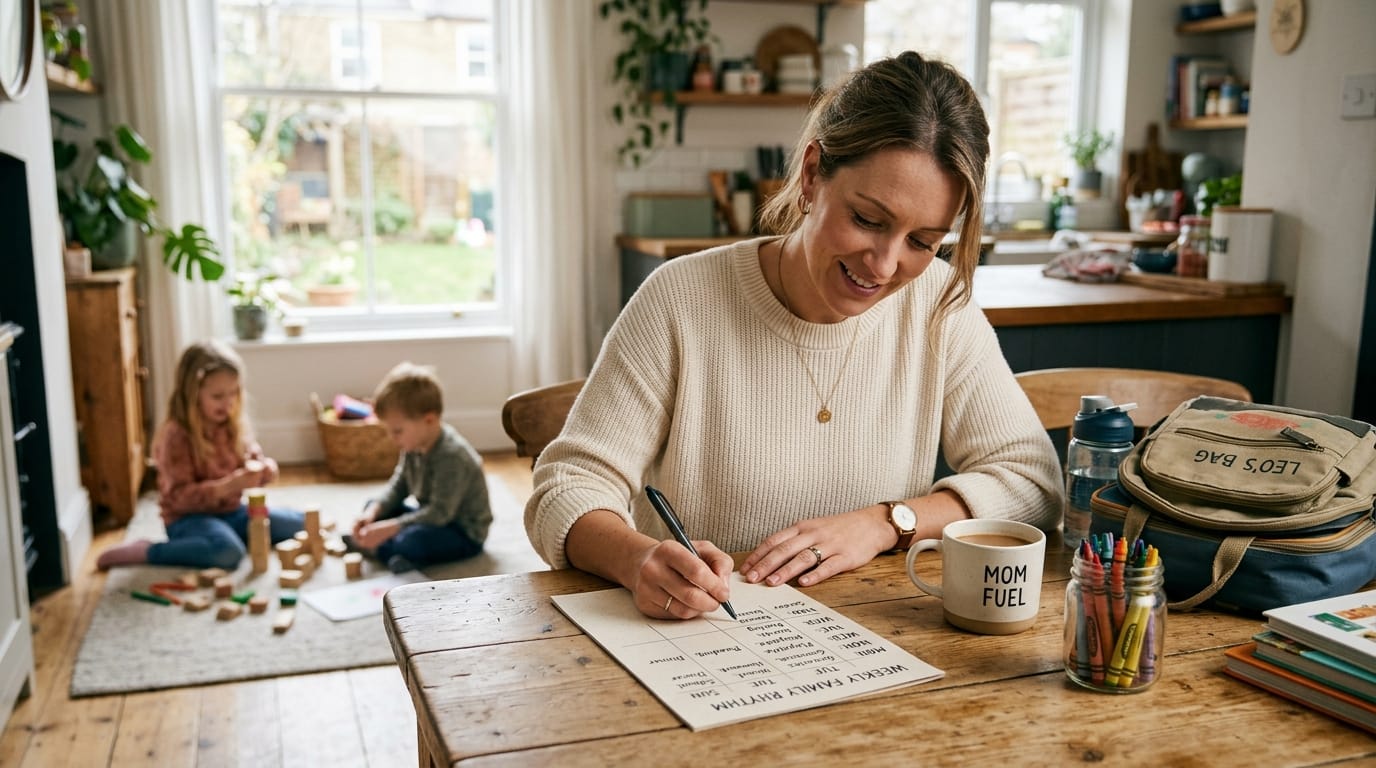 Mom planning a slower weekly family routine to reduce overscheduling