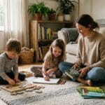 Mom practicing slow parenting with children during a calm screen-free family routine