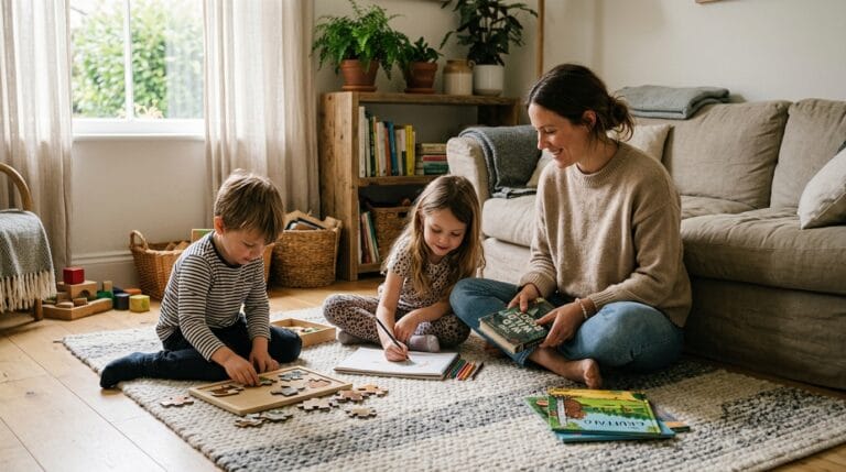 Mom practicing slow parenting with children during a calm screen-free family routine
