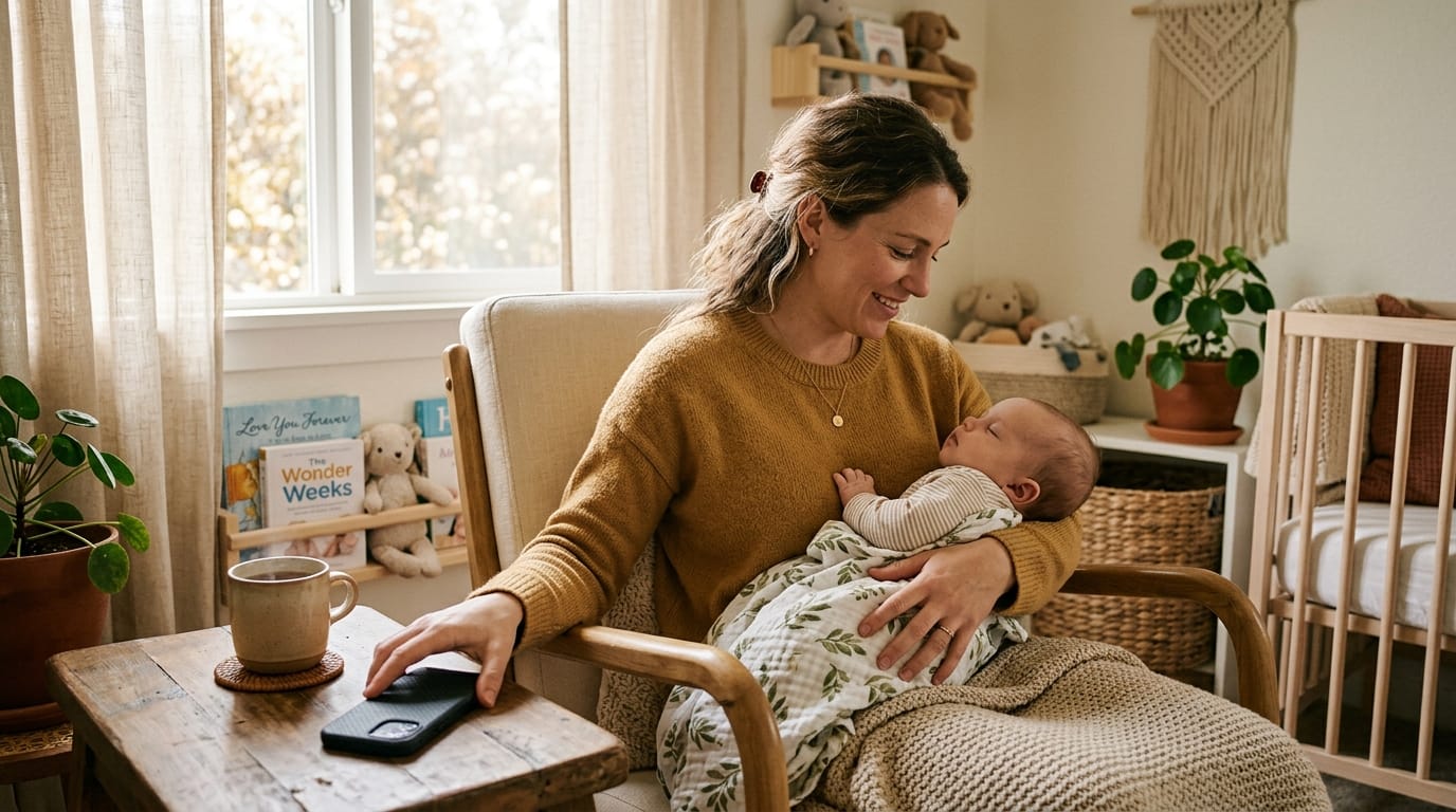Mom taking a break from baby tracking apps to bond with her baby
