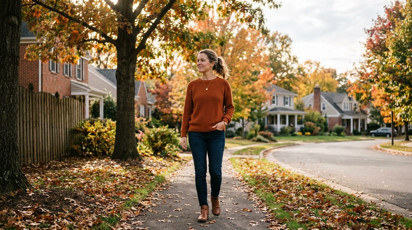 Mom taking a calming walk to reduce end-of-school-year stress and burnout