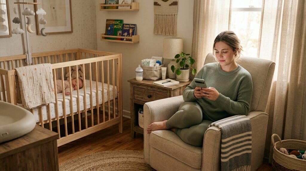 Mom using a baby tracking app in a calm nursery while managing baby routines