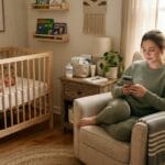 Mom using a baby tracking app in a calm nursery while managing baby routines