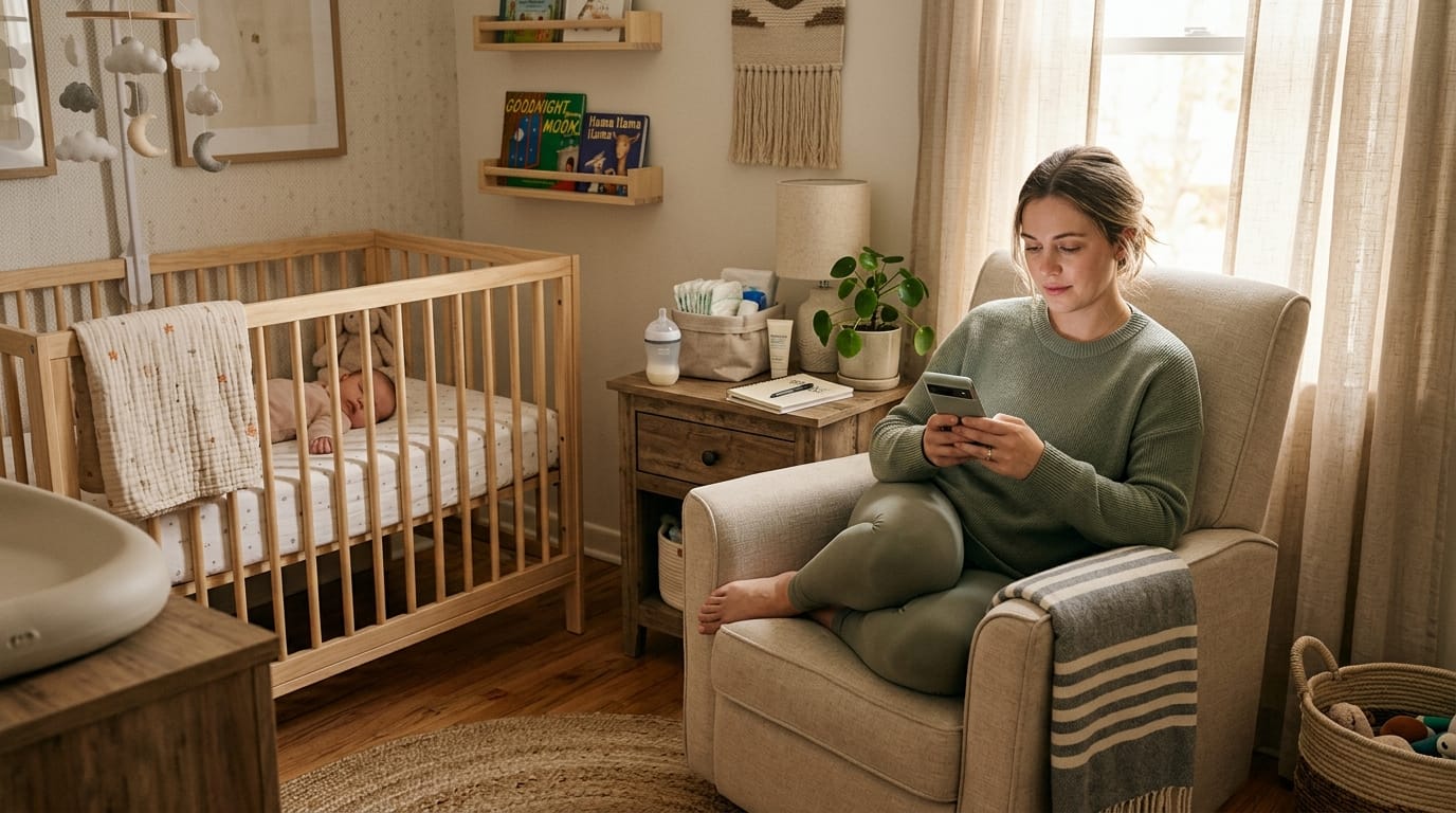 Mom using a baby tracking app in a calm nursery while managing baby routines