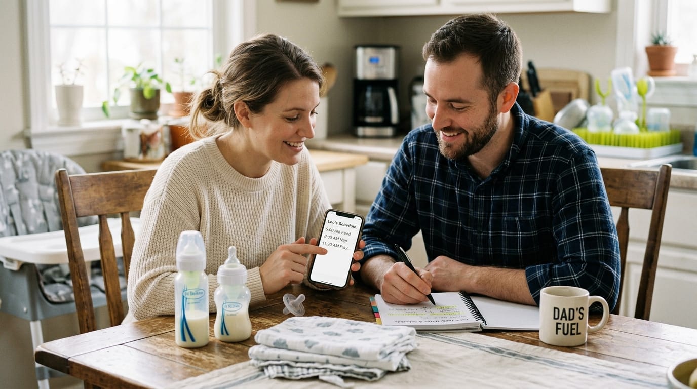 Parents using a baby tracking app together to share feeding and diaper responsibilities