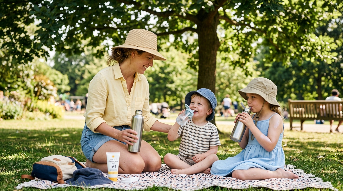 summer heat safety for kids with water shade and mom support