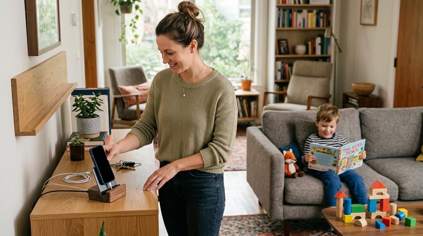 Mom creating a phone-free transition routine before spending time with her child