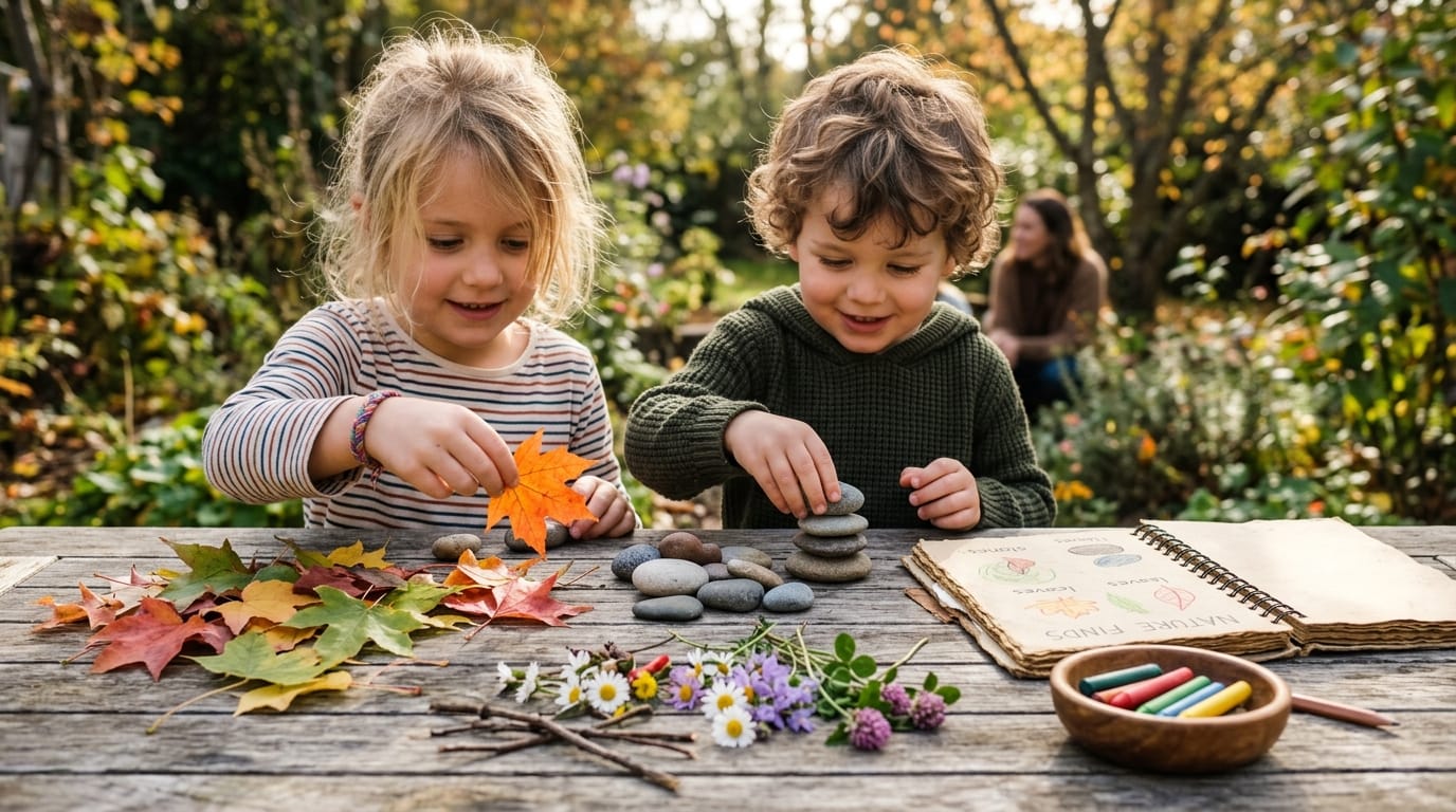 Children sorting leaves and stones for outdoor learning