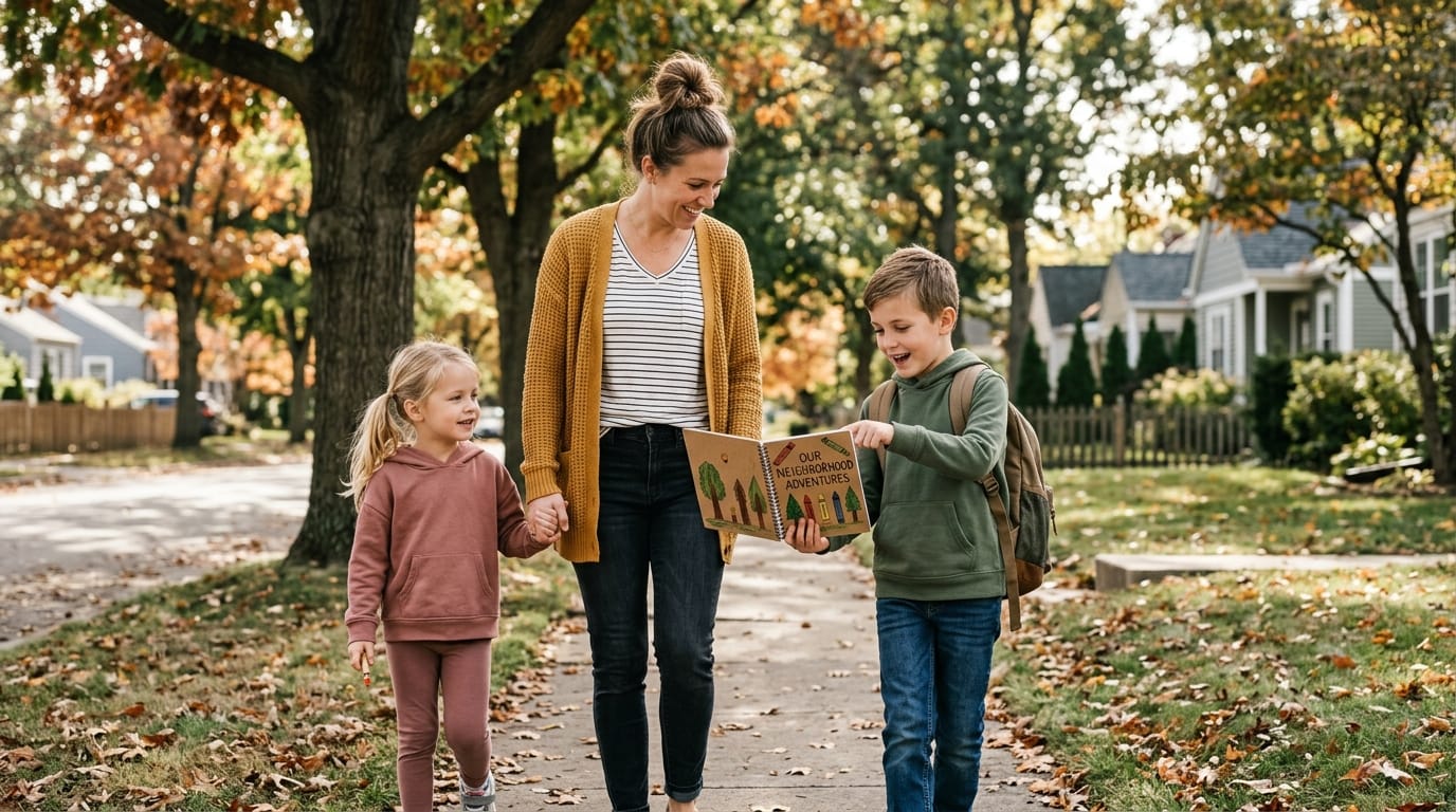 Children using an adventure journal during a neighborhood walk