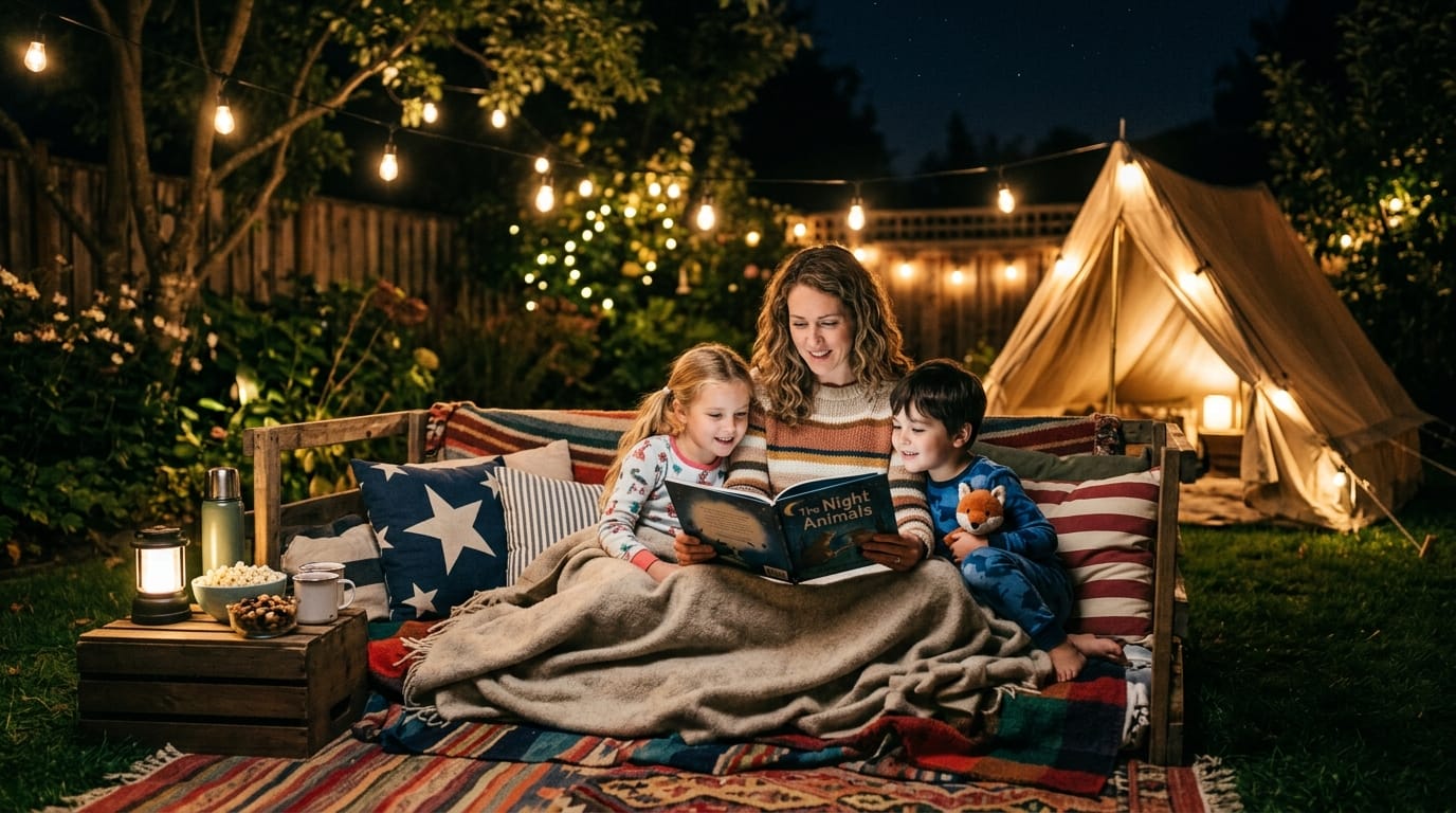 Family enjoying a backyard camp night at home