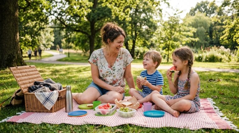 Mom and children enjoying a budget family picnic at the park