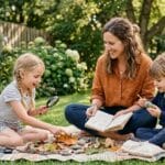 Mom guiding outdoor learning activities with children in the backyard