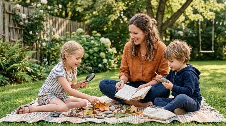 Mom guiding outdoor learning activities with children in the backyard