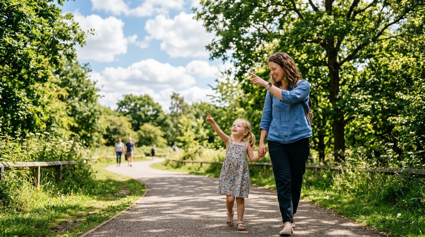 Mother and child doing screen-free outdoor learning at the park