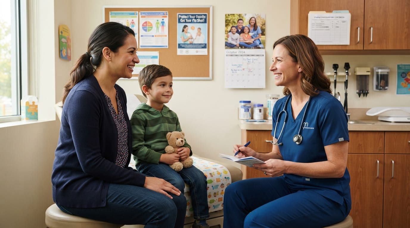 Mom reviewing children's vaccines for flu season for families