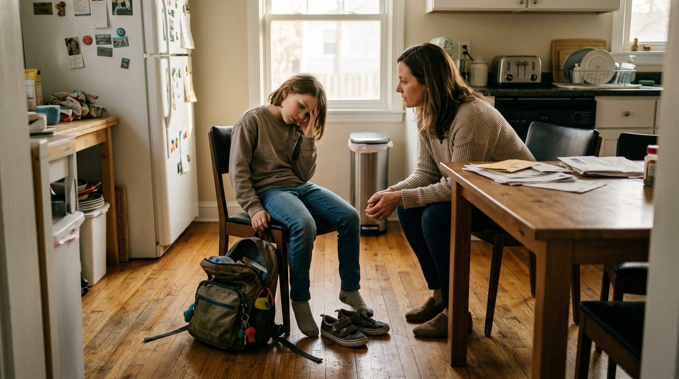 Child showing signs of after-school emotional overload and fatigue at home