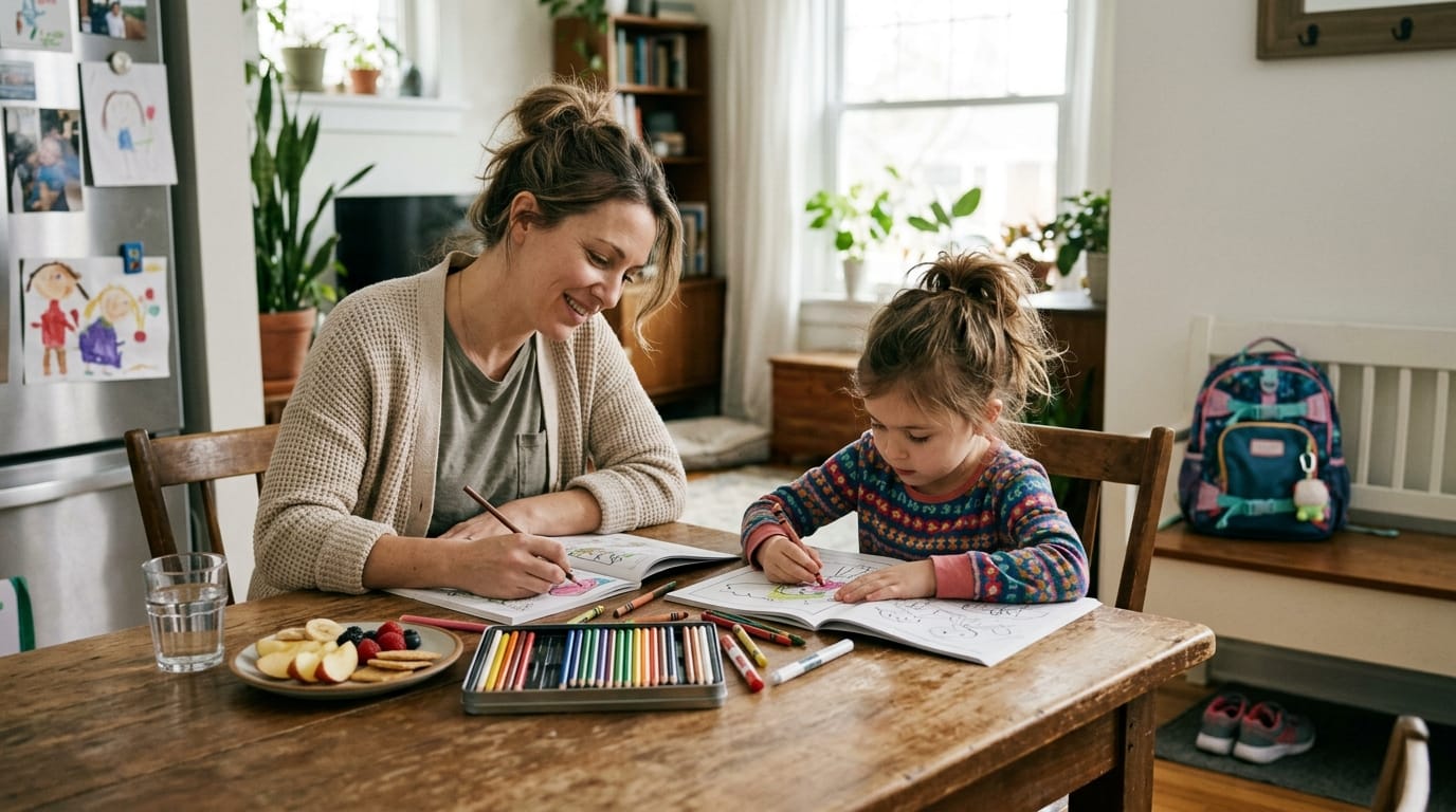 Mother and child practicing a calming after-school routine through creative play