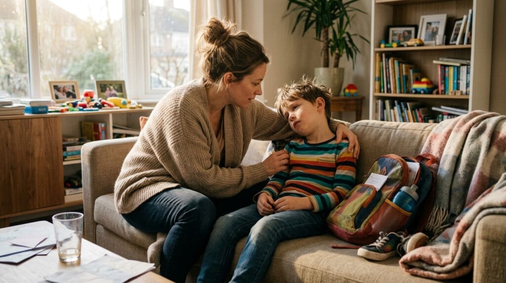 Mother comforting her tired child during an after-school emotional meltdown