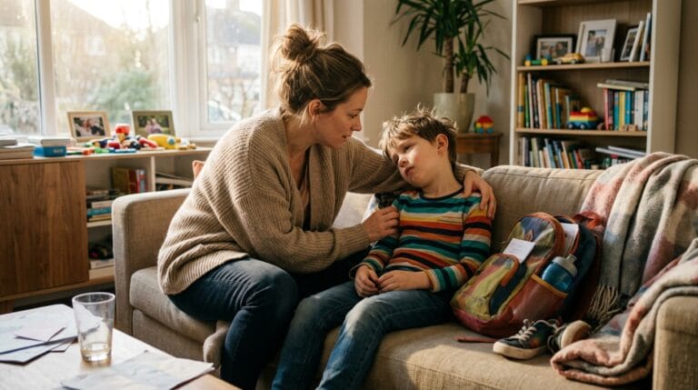 Mother comforting her tired child during an after-school emotional meltdown